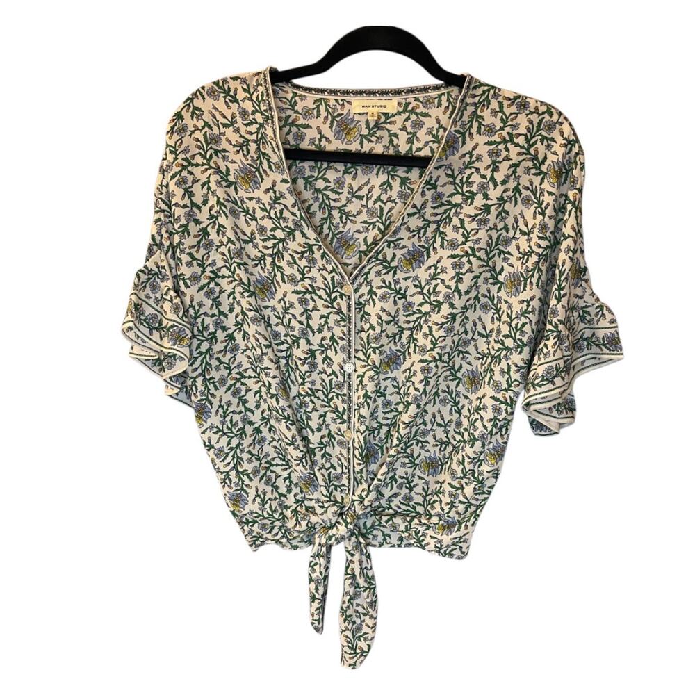 Max Studio Feminine Floral V-Neck Button Front Tie Hem Ruffle Sleeve Blouse S - Picture 1 of 10